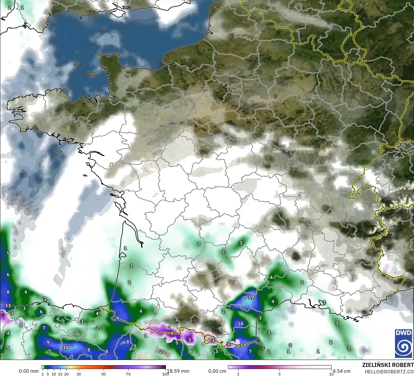 ICON model - France, Precipitation, Clouds, and Pressure