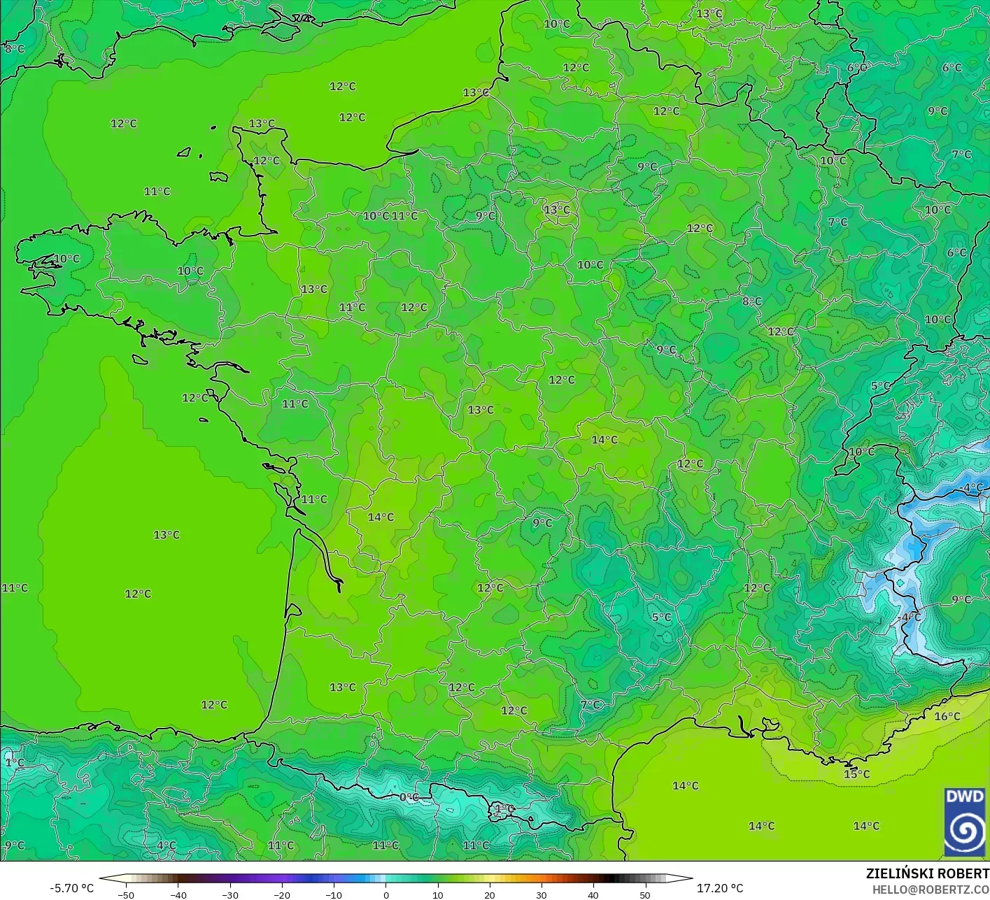 ICON model - France, Temperature at 2m