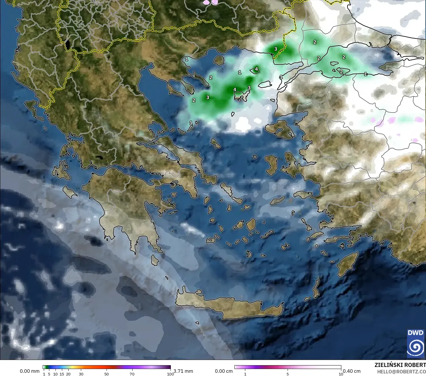 ICON model - Greece, Precipitation, Clouds, and Pressure
