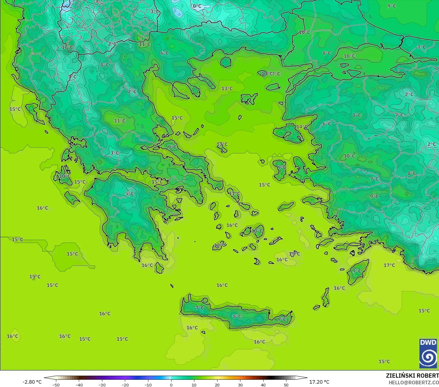 ICON model - Greece, Temperature at 2m
