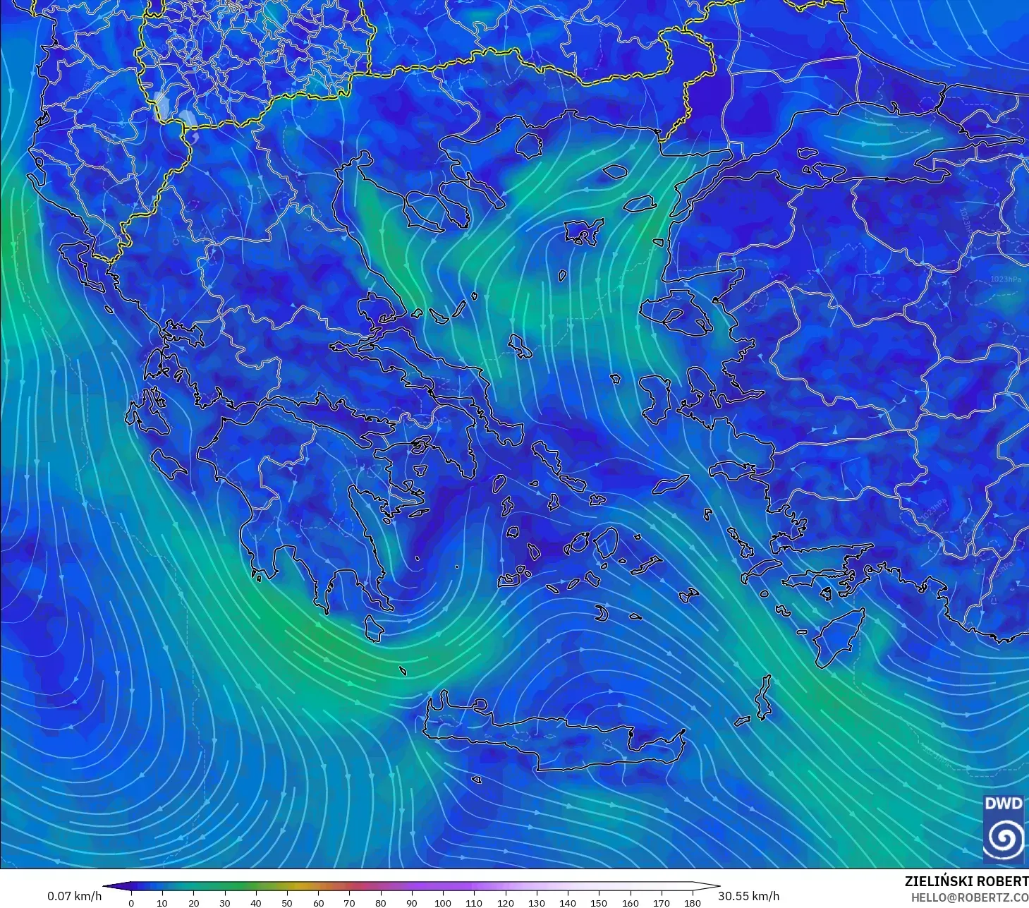 ICON model - Greece, Wind at 10m