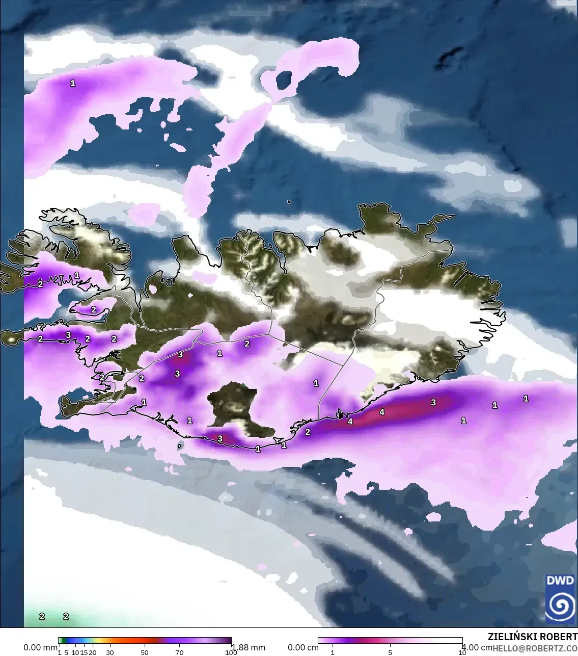 ICON model - Iceland, Precipitation, Clouds, and Pressure