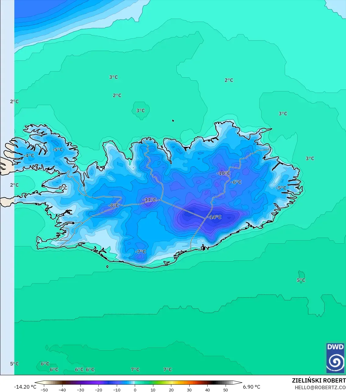 ICON model - Iceland, Temperature at 2m