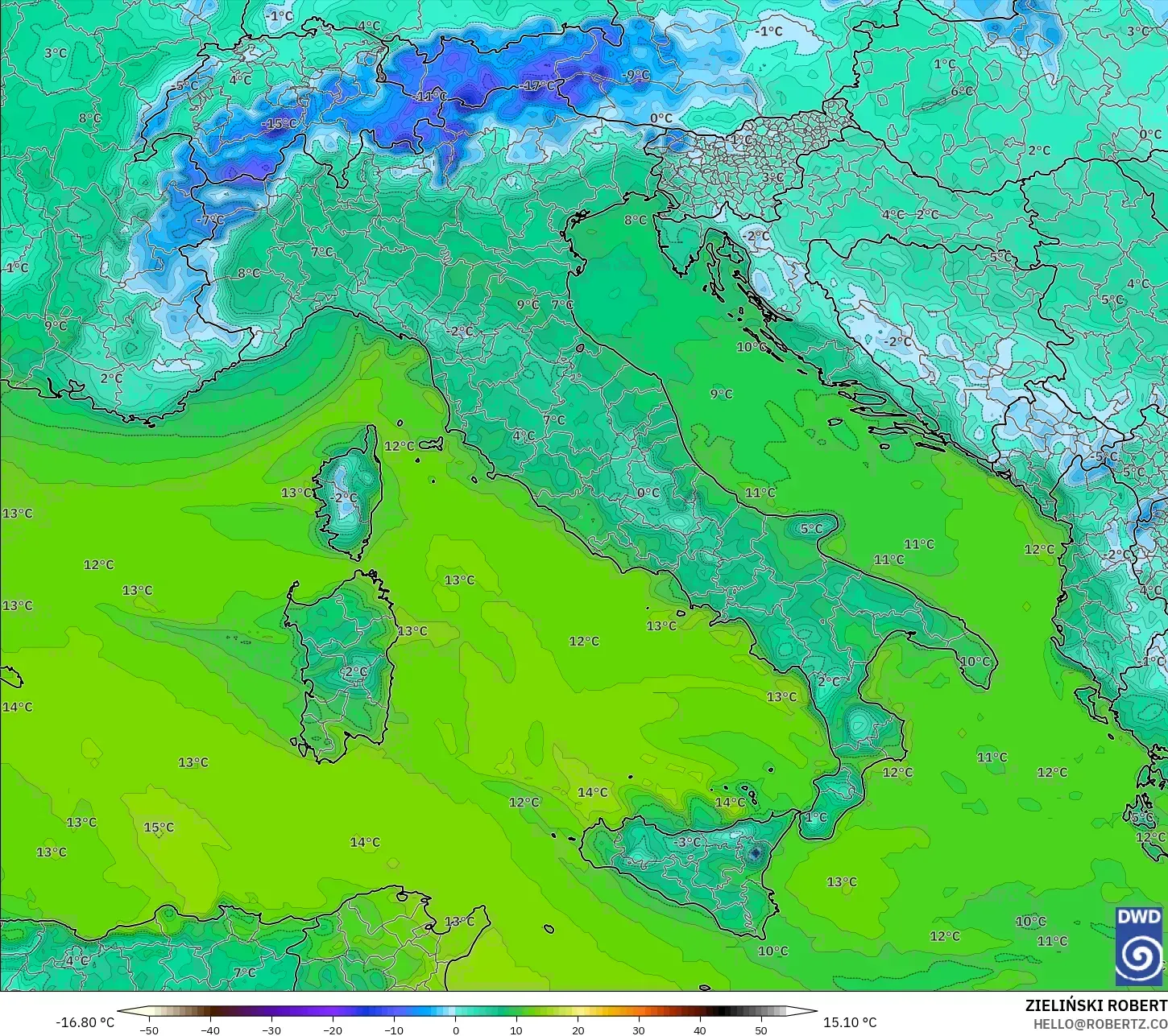 ICON model - Italy, Dewpoint at 2m