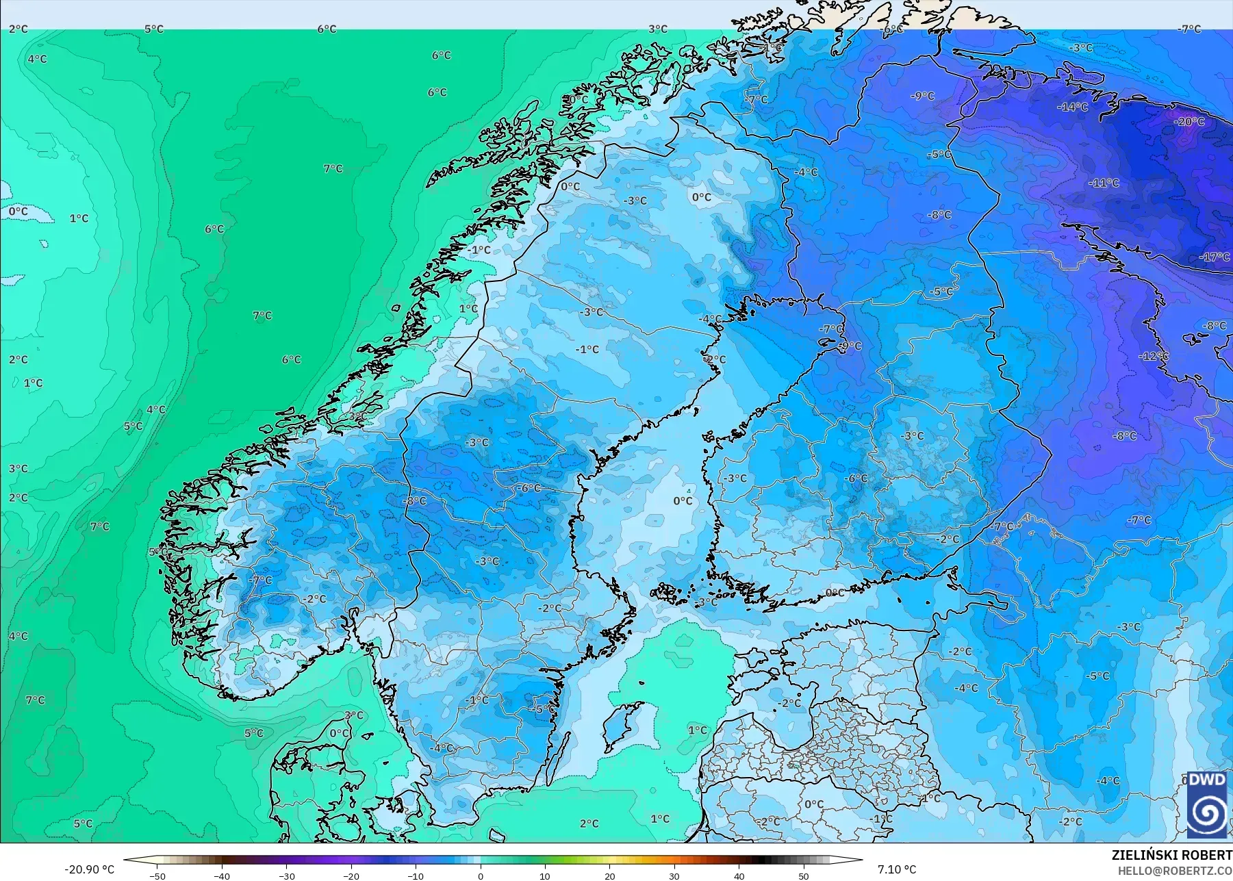 ICON model - Scandinavia, Dewpoint at 2m