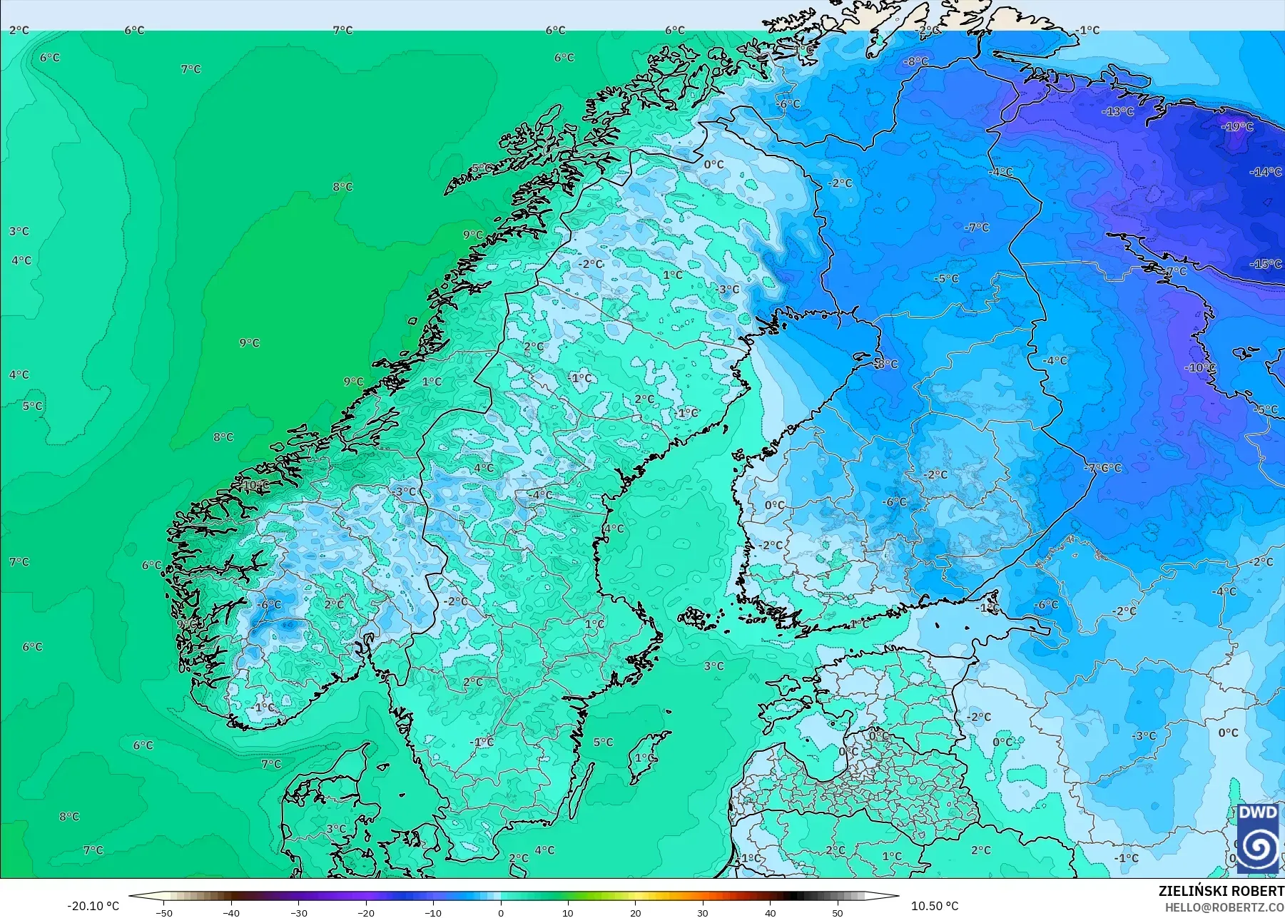 ICON model - Scandinavia, Temperature at 2m