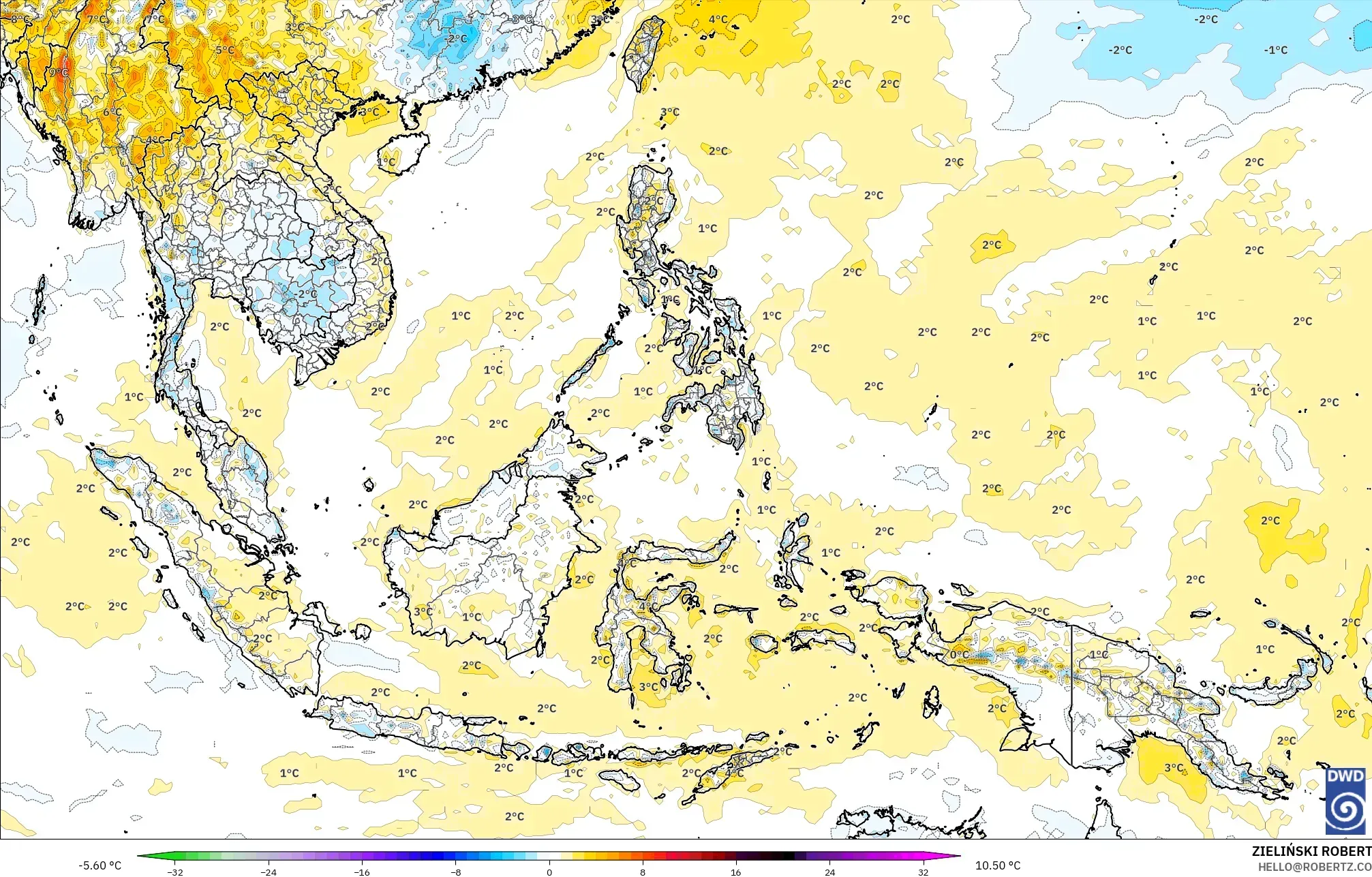ICON model - South East Asia, Temperature at 2m Anomaly