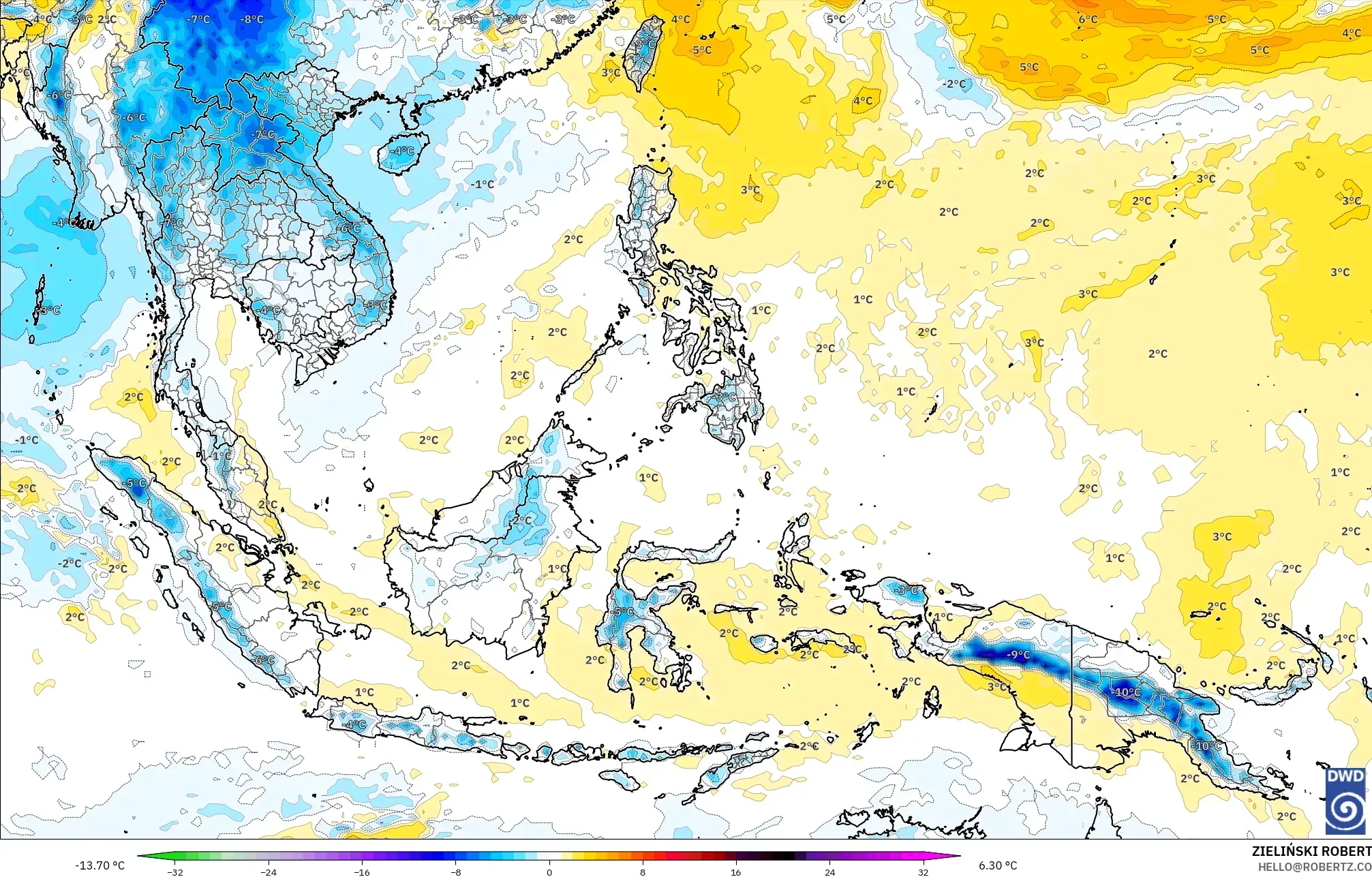 ICON model - South East Asia, Temperature at 850hPa Anomaly