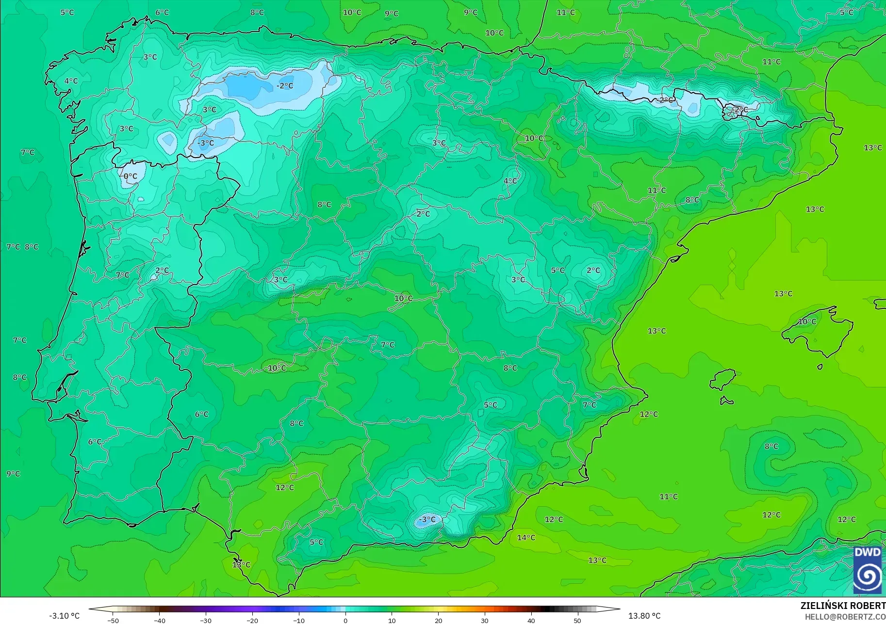 ICON model - Spain, Dewpoint at 2m