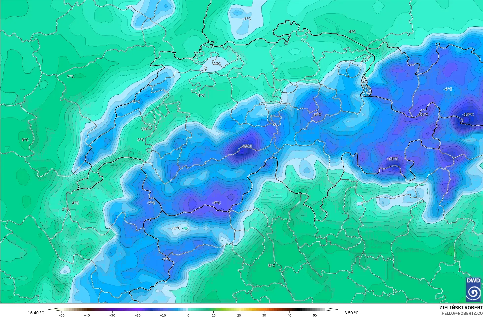 ICON model - Switzerland, Dewpoint at 2m