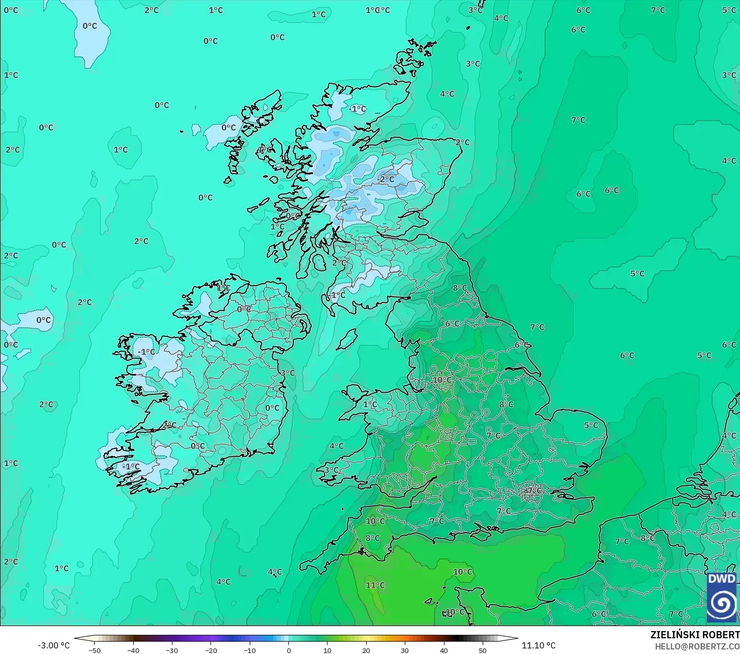 ICON model - United Kingdom, Dewpoint at 2m
