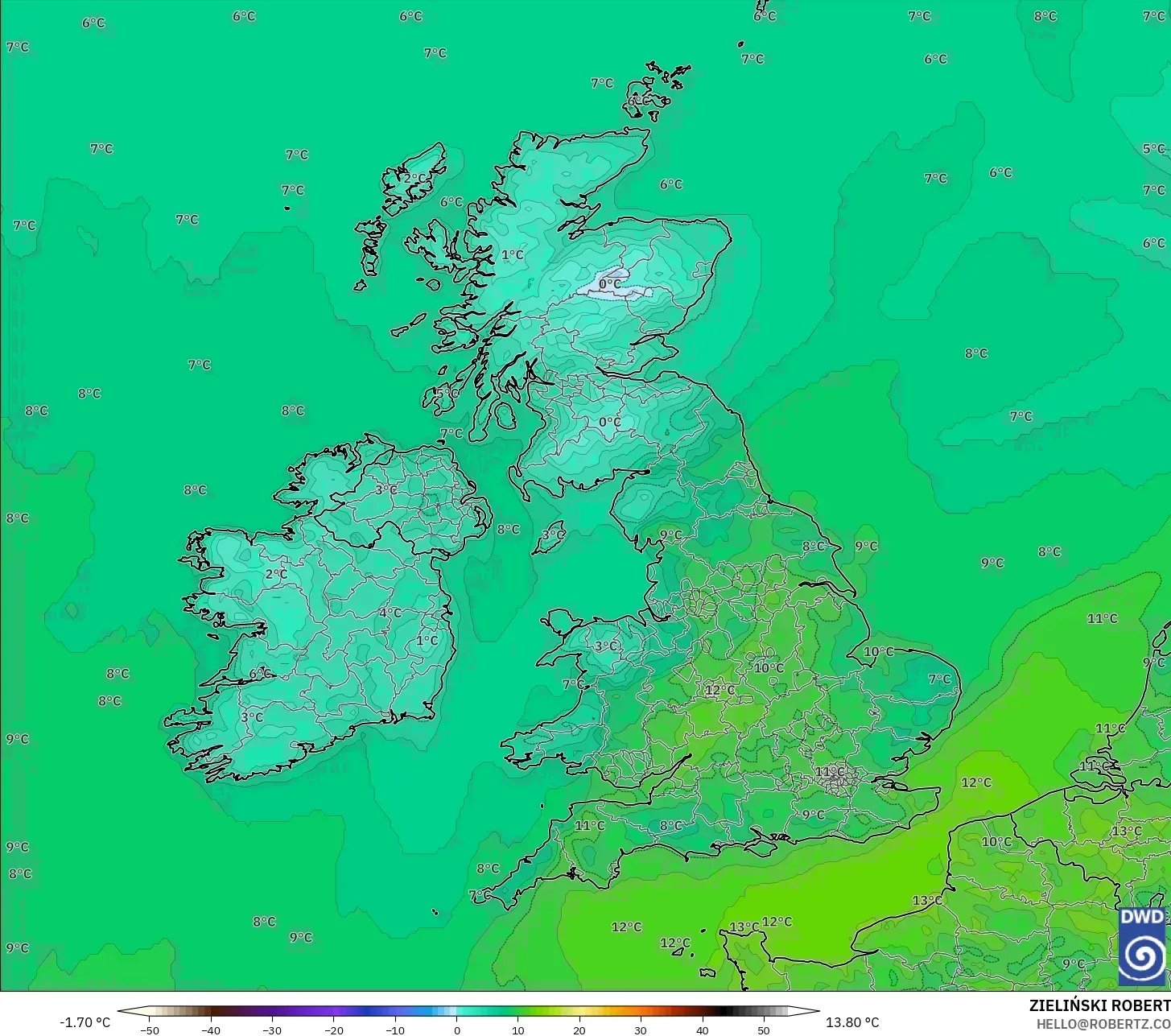 ICON model - United Kingdom, Temperature at 2m