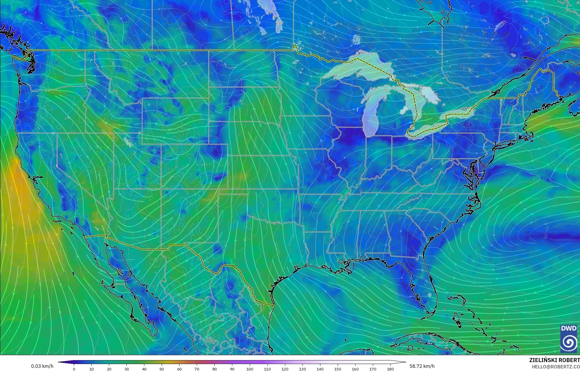 ICON model - United States, Wind at 10m