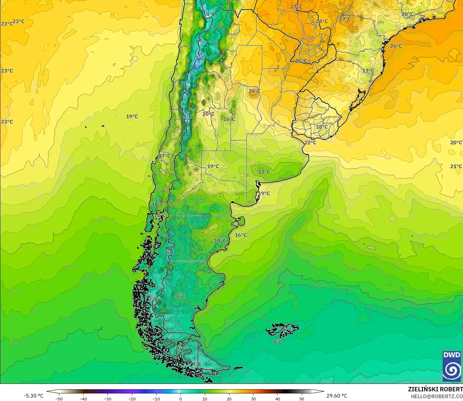 ICON model - Argentina, Temperature at 2m