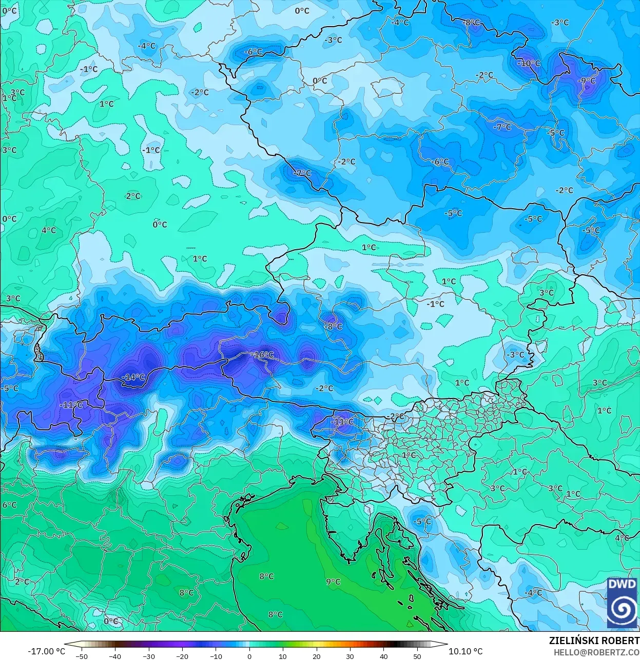 ICON model - Austria, Dewpoint at 2m