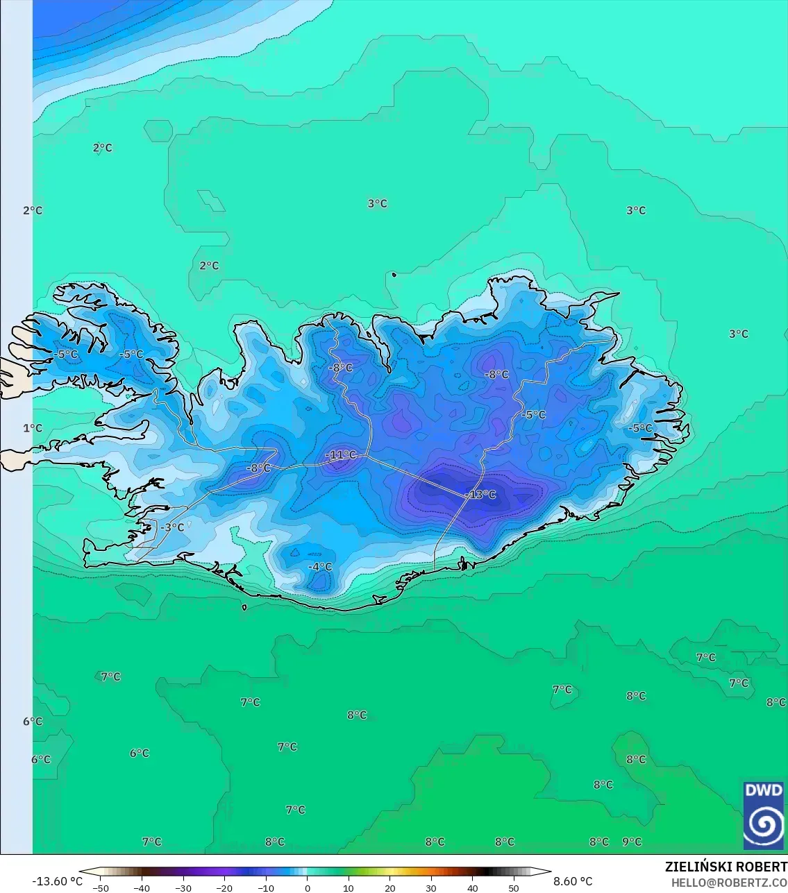 ICON model - Iceland, Temperature at 2m