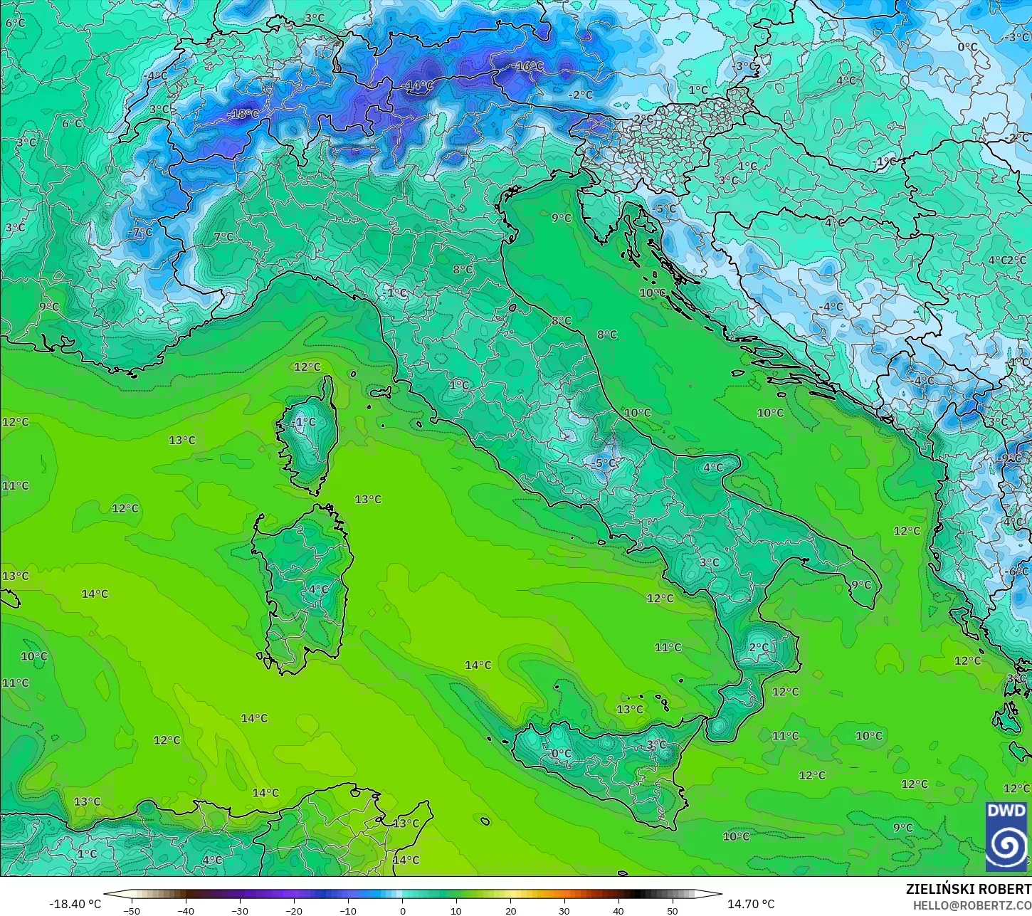 ICON model - Italy, Dewpoint at 2m