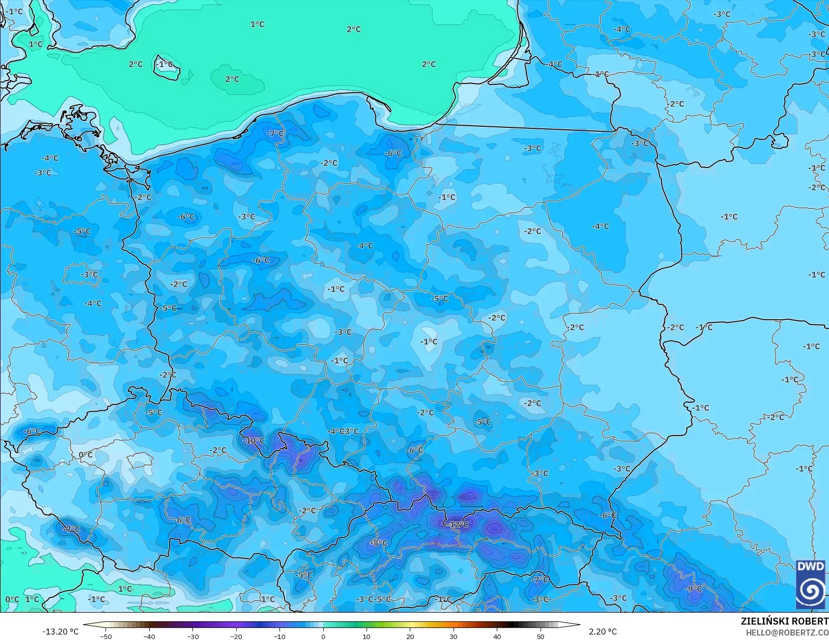 ICON model - Poland, Dewpoint at 2m