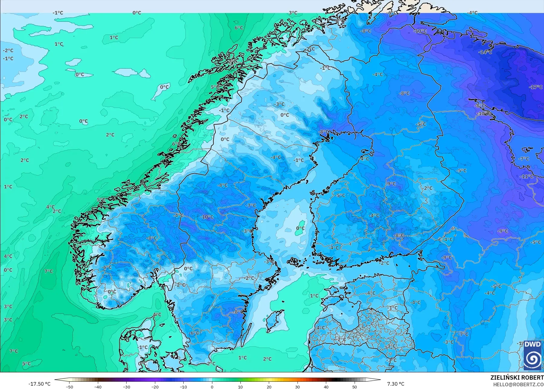 ICON model - Scandinavia, Dewpoint at 2m