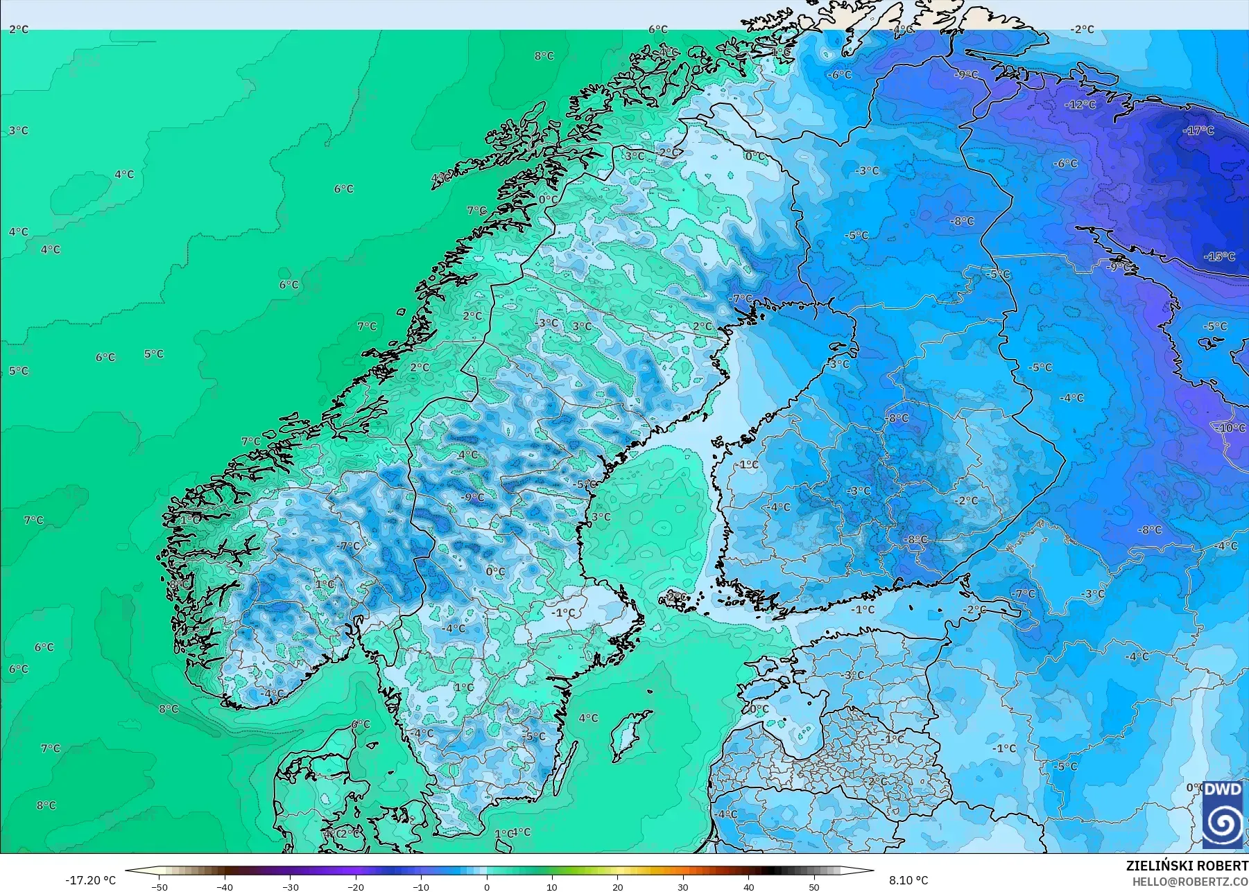 ICON model - Scandinavia, Temperature at 2m