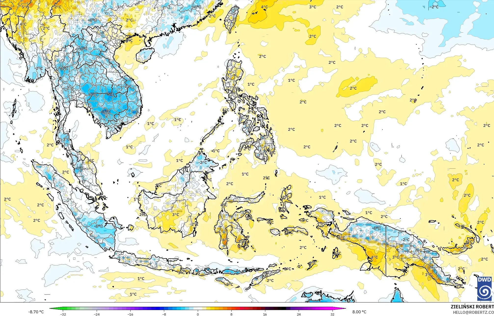 ICON model - South East Asia, Temperature at 2m Anomaly