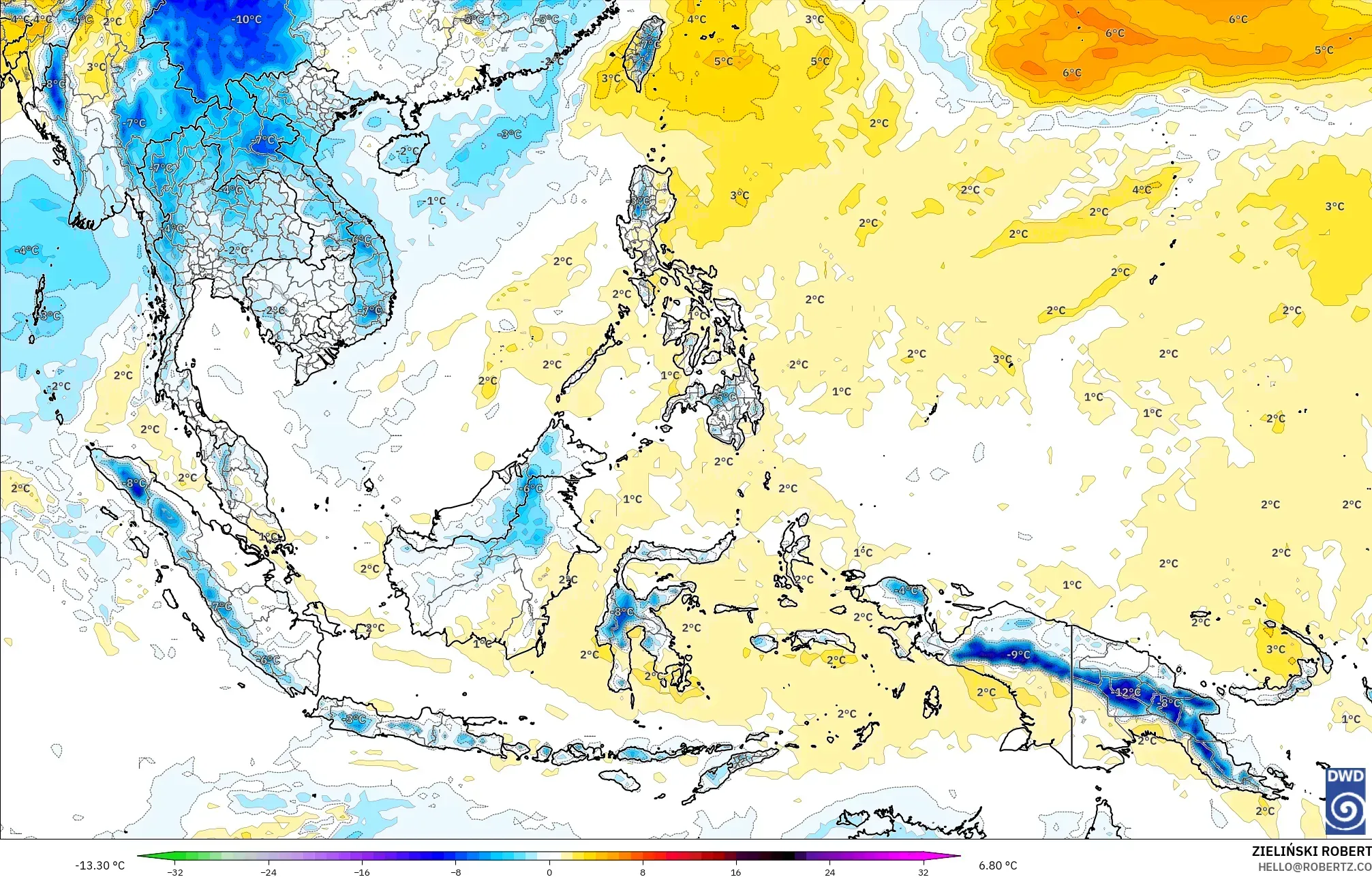 ICON model - South East Asia, Temperature at 850hPa Anomaly