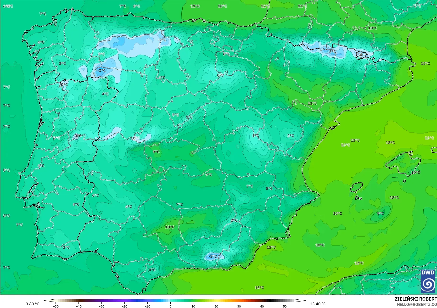 ICON model - Spain, Dewpoint at 2m