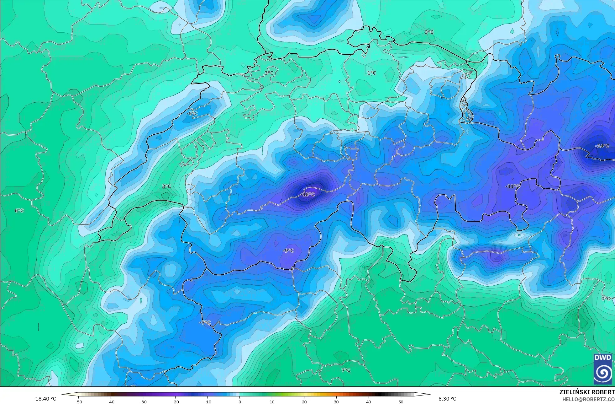 ICON model - Switzerland, Dewpoint at 2m
