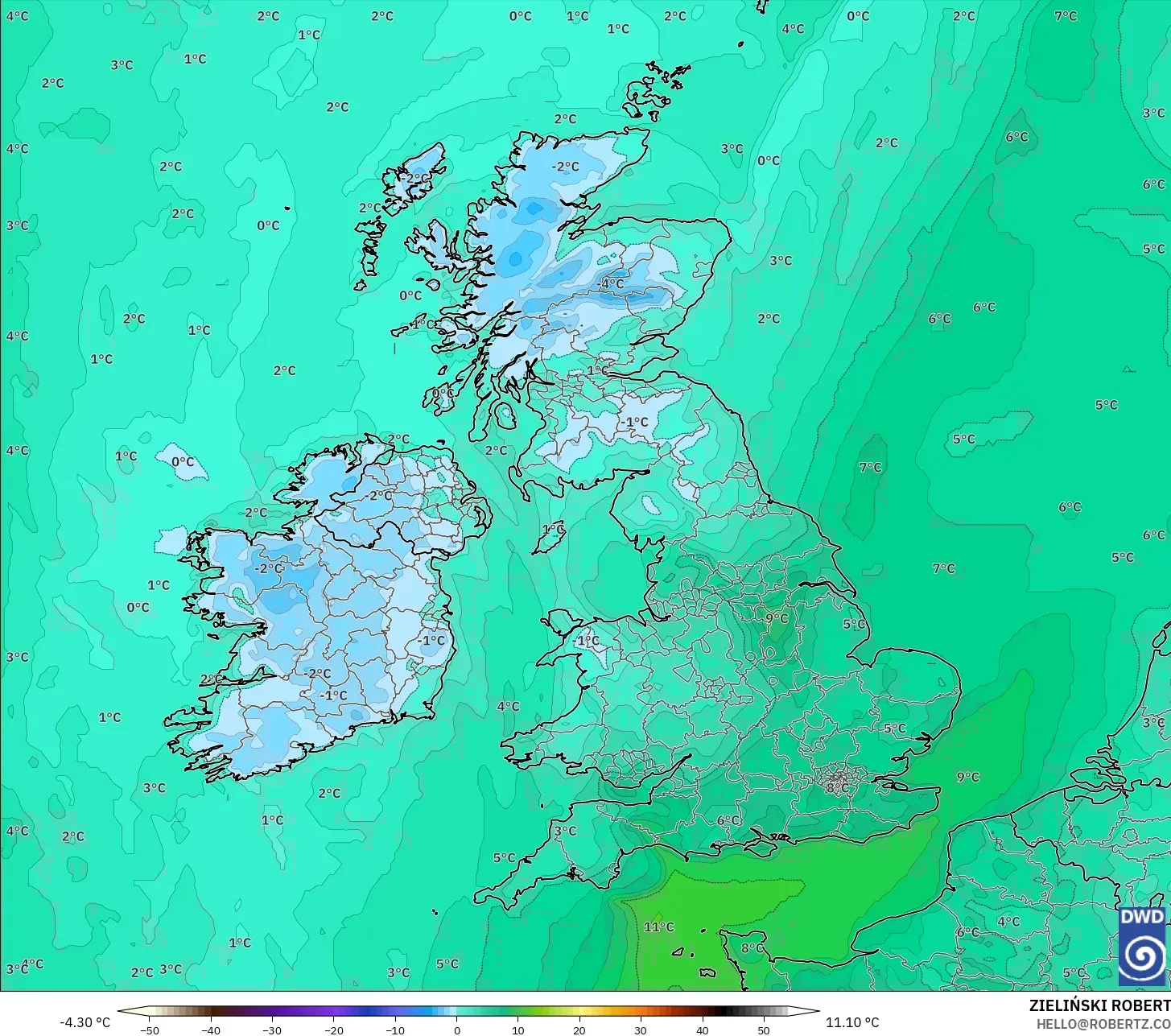ICON model - United Kingdom, Dewpoint at 2m