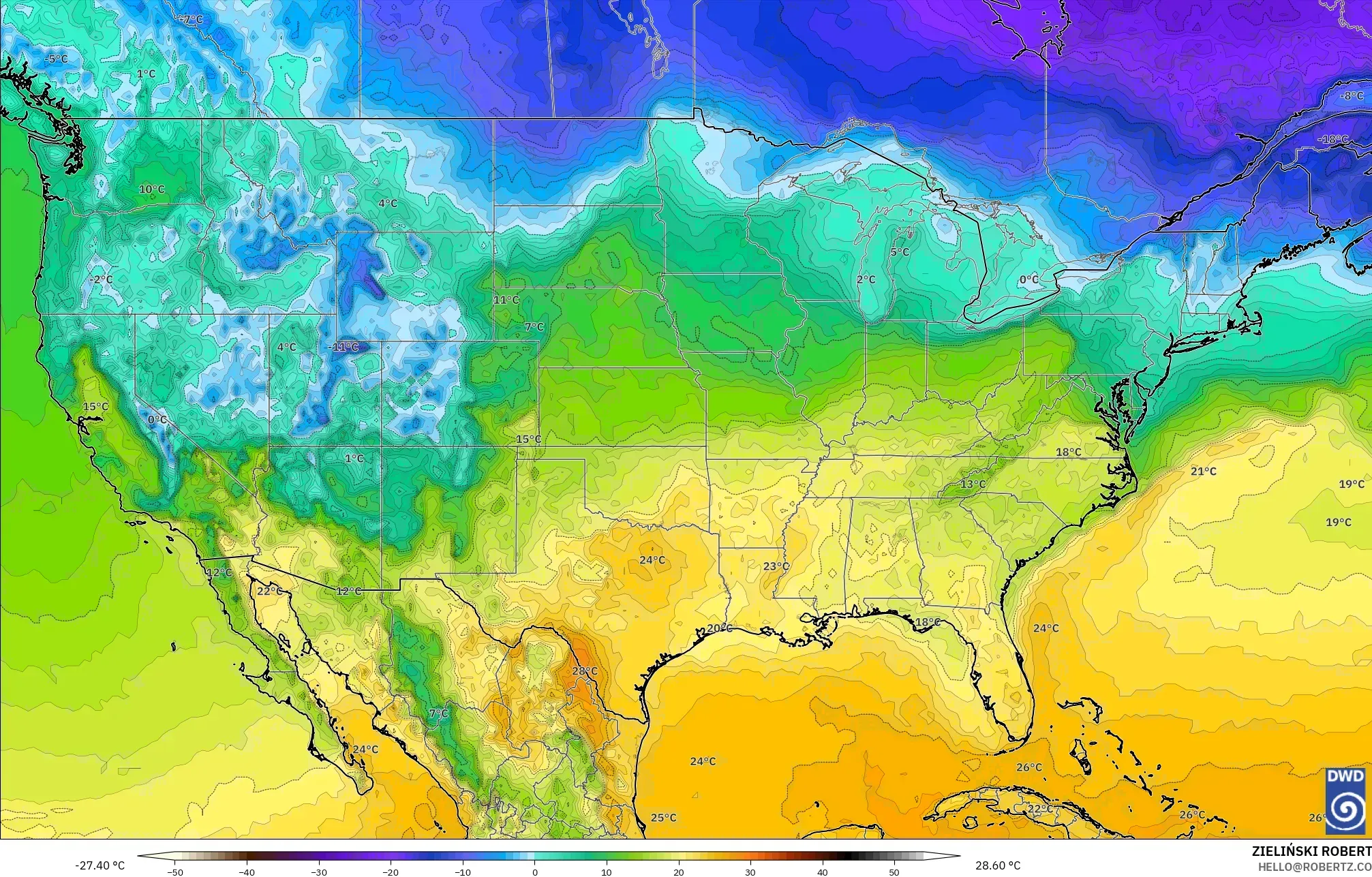 ICON model - United States, Temperature at 2m
