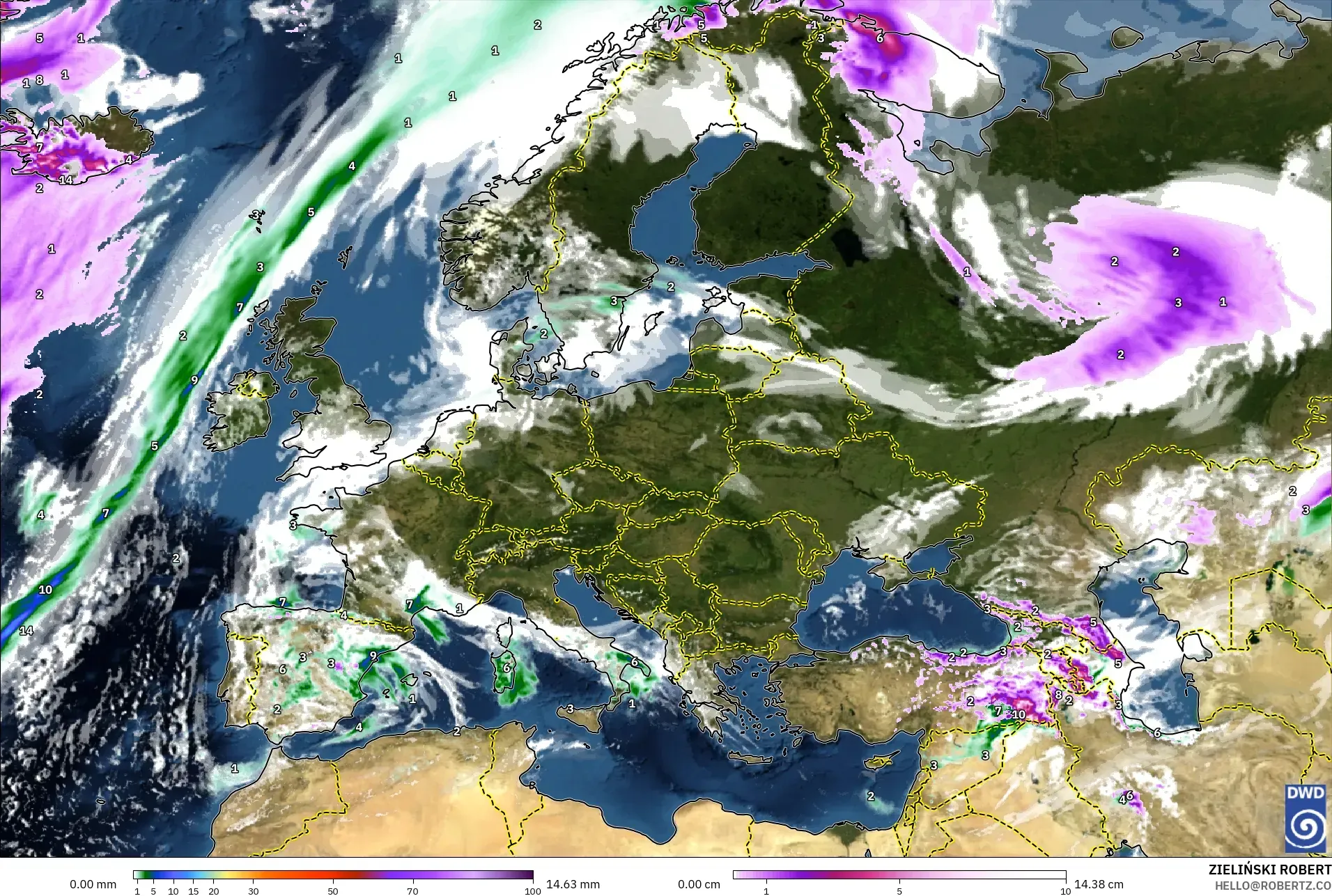 ICON model - Europe, Precipitation, Clouds, and Pressure
