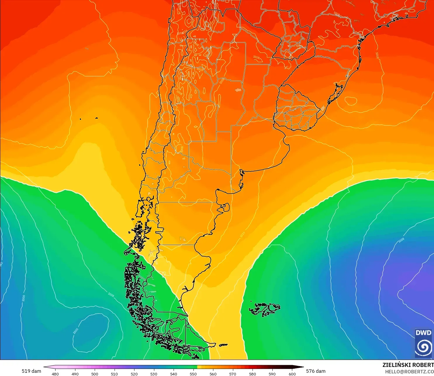 ICON model - Argentina, Geopotential height at 500hPa