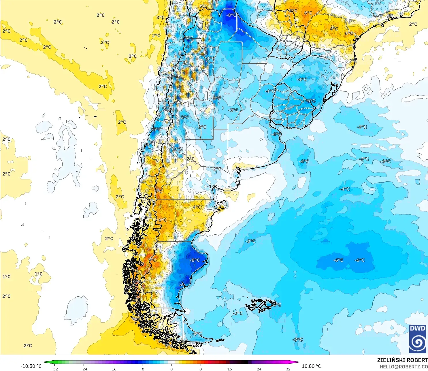 ICON model - Argentina, Temperature at 2m Anomaly
