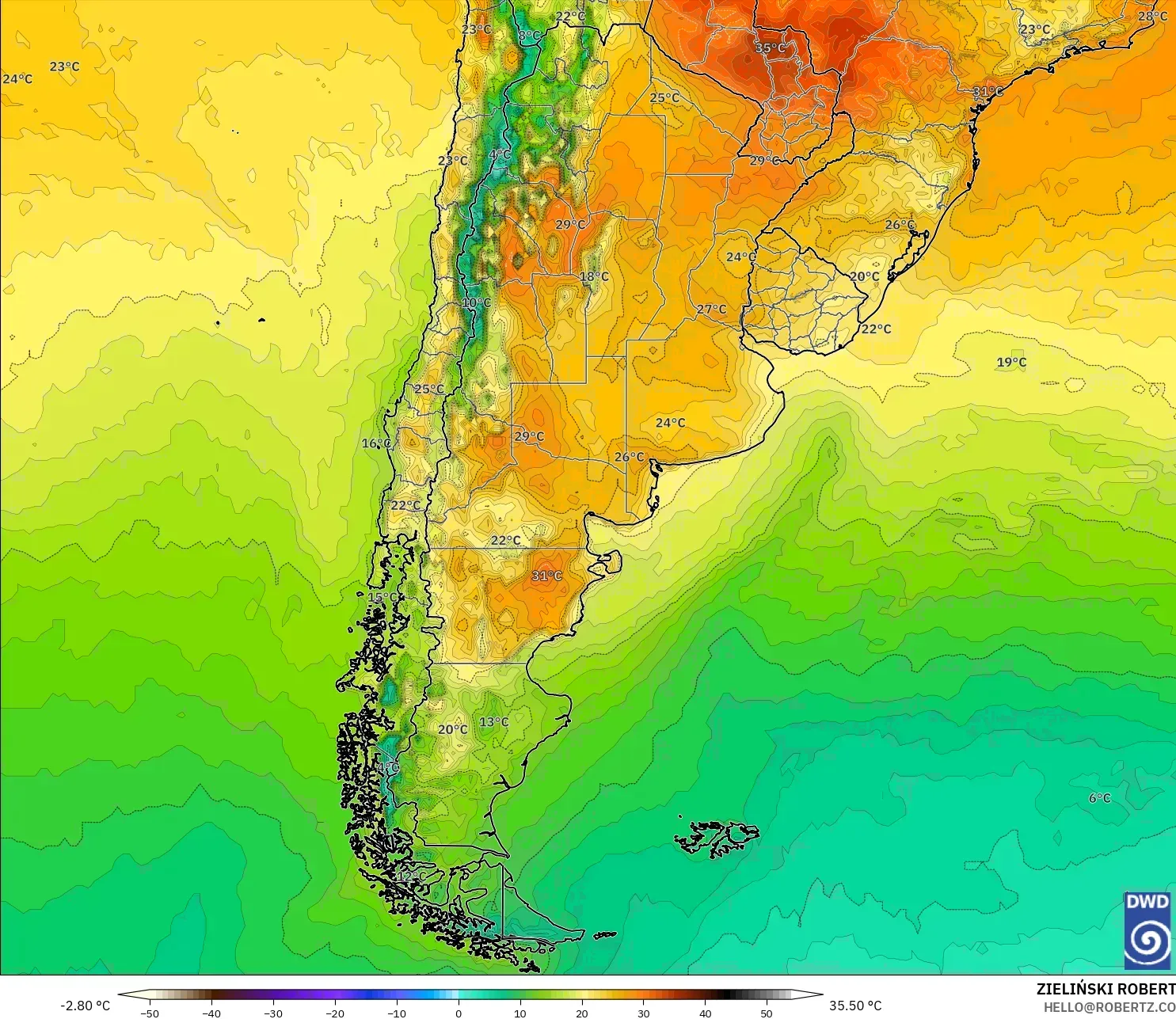 ICON model - Argentina, Temperature at 2m