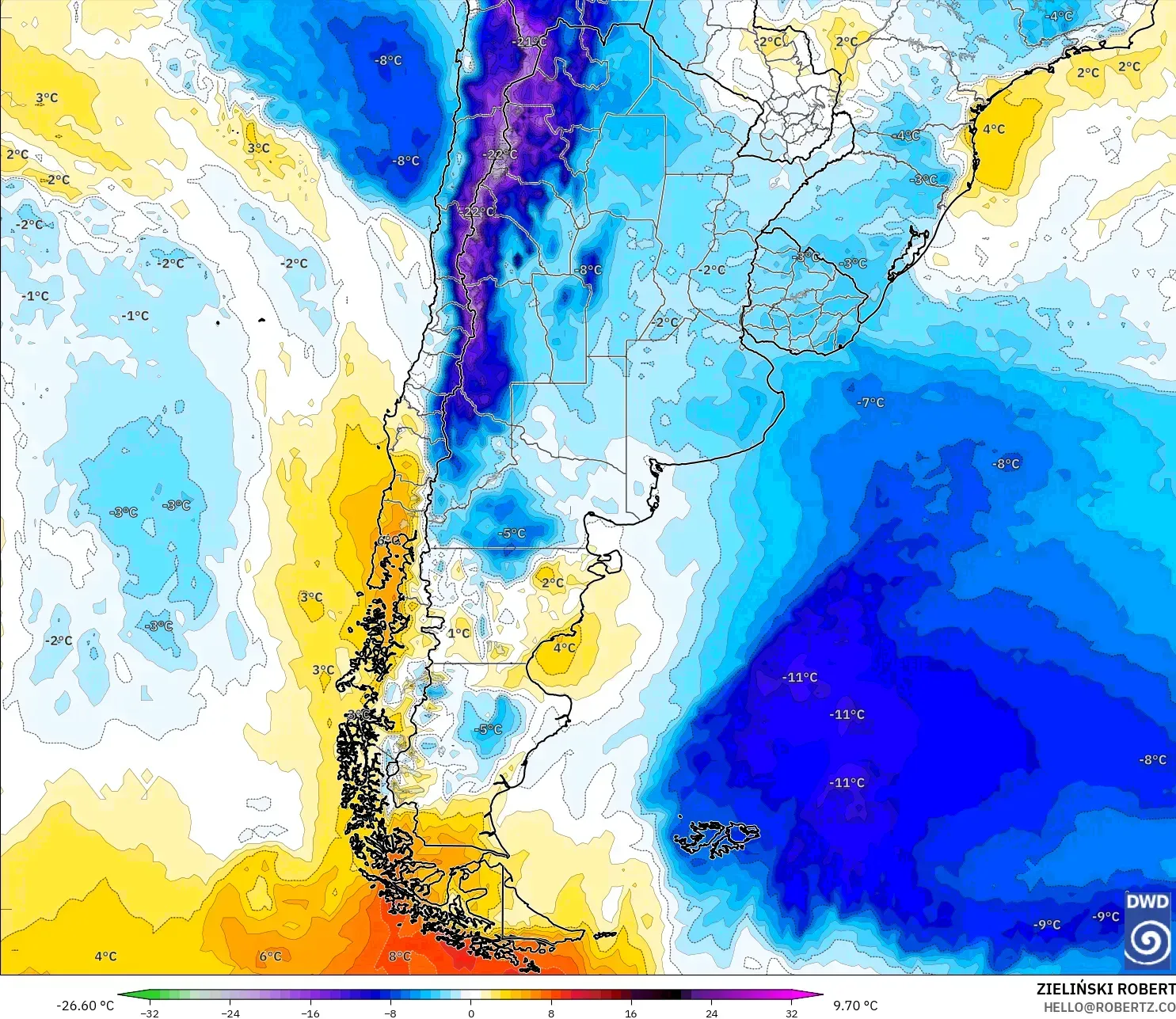 ICON model - Argentina, Temperature at 850hPa Anomaly