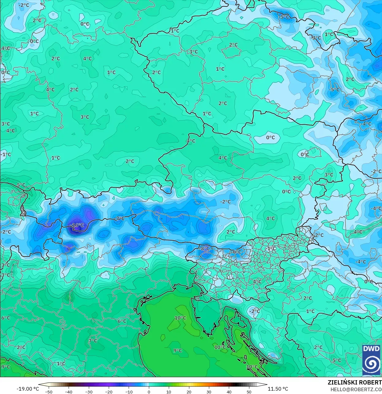 ICON model - Austria, Dewpoint at 2m
