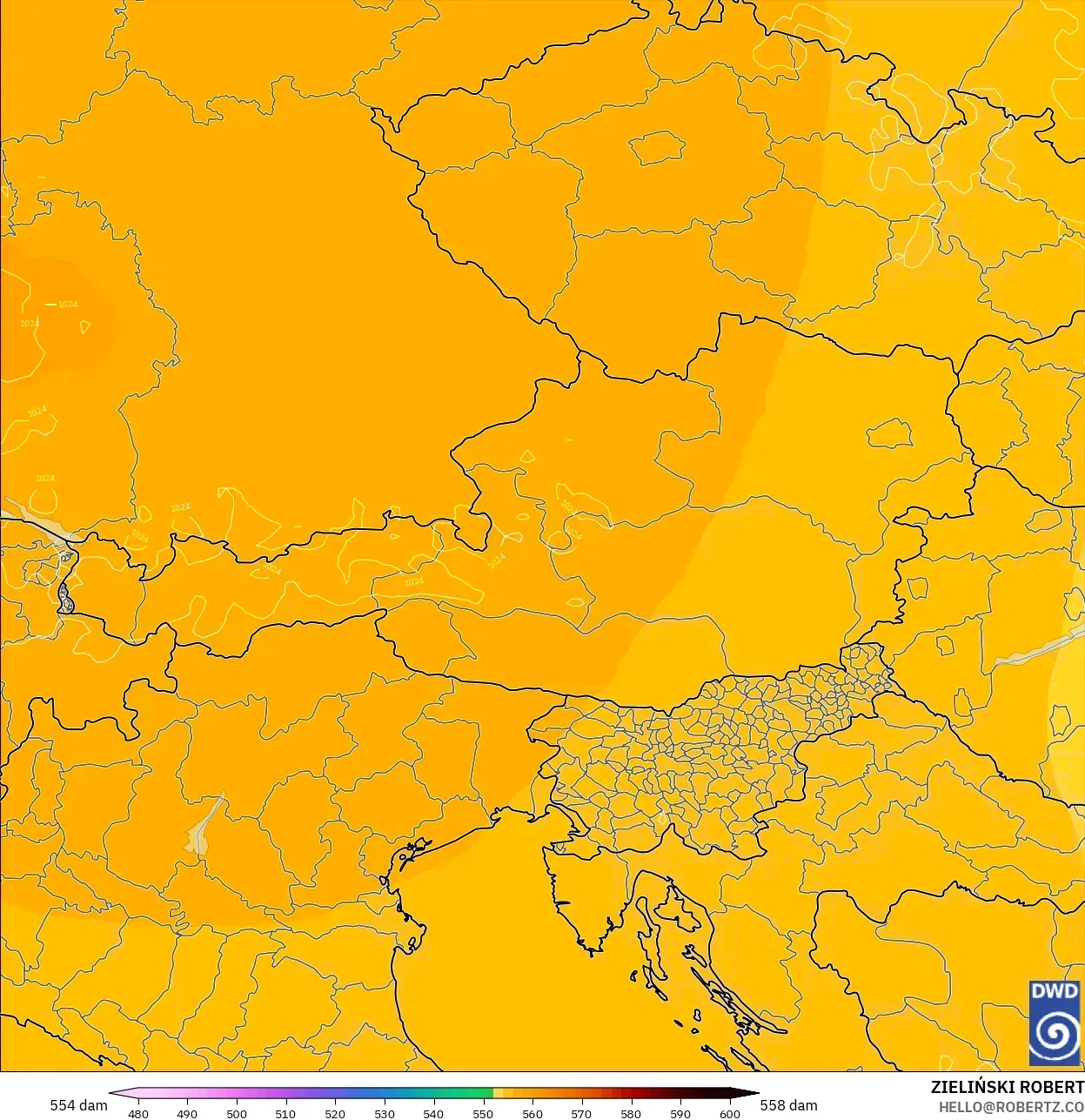 ICON model - Austria, Geopotential height at 500hPa
