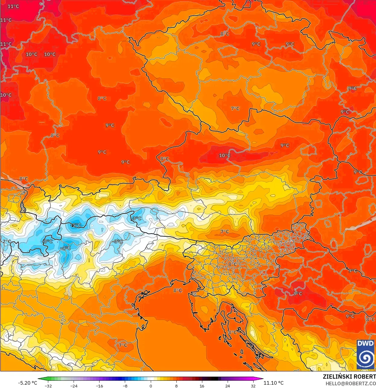 ICON model - Austria, Temperature at 850hPa Anomaly