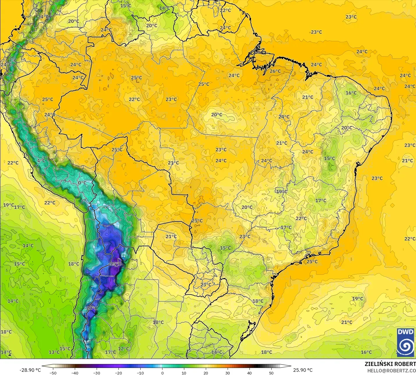 ICON model - Brazil, Dewpoint at 2m