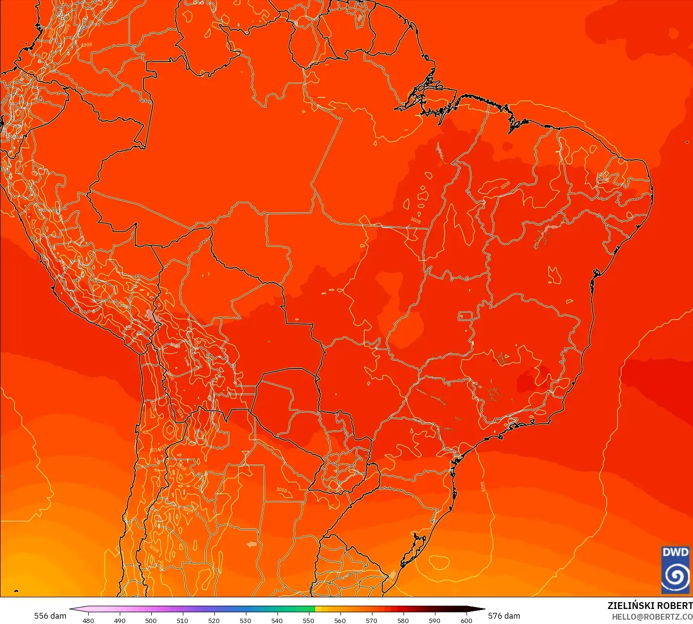 ICON model - Brazil, Geopotential height at 500hPa