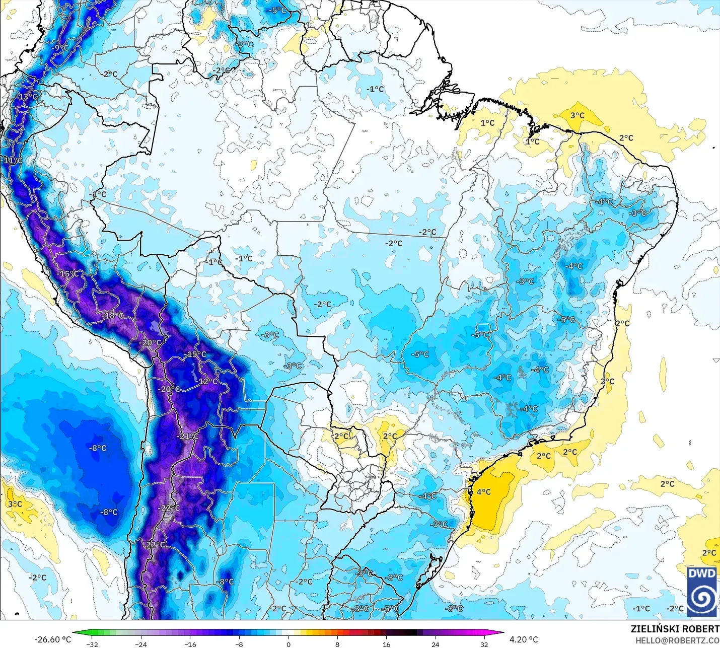 ICON model - Brazil, Temperature at 850hPa Anomaly