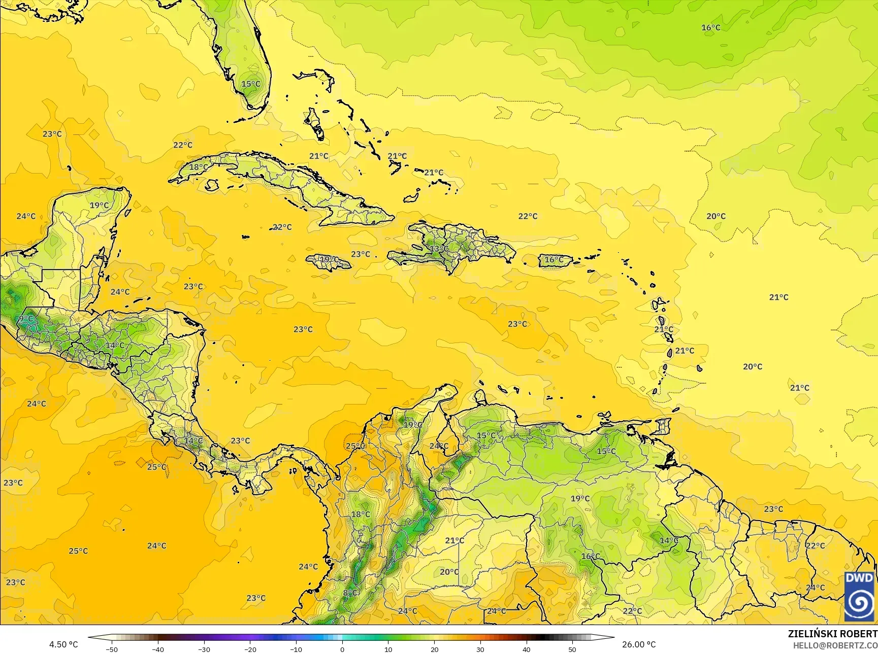 ICON model - Caribbean, Dewpoint at 2m