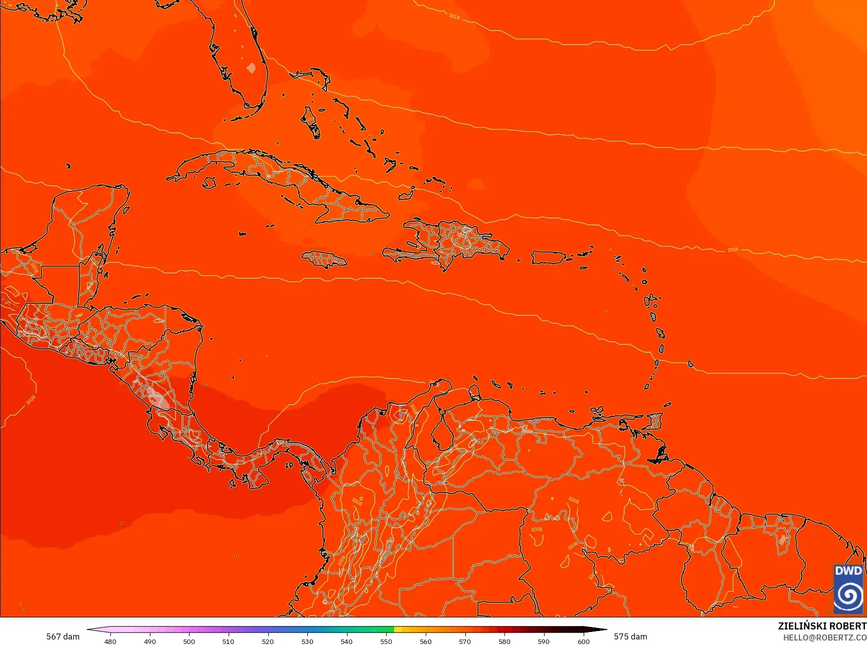 ICON model - Caribbean, Geopotential height at 500hPa