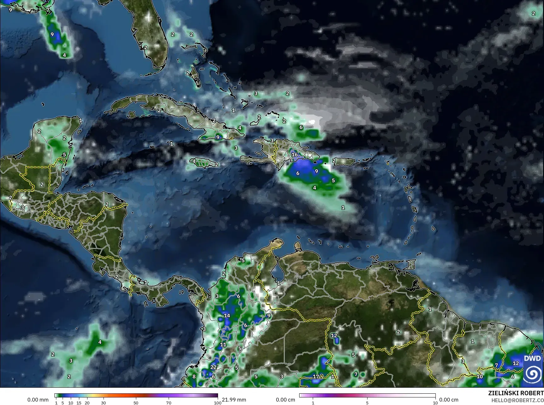 ICON model - Caribbean, Precipitation, Clouds, and Pressure