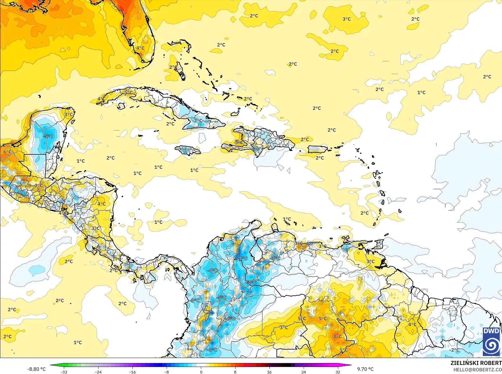 ICON model - Caribbean, Temperature at 2m Anomaly