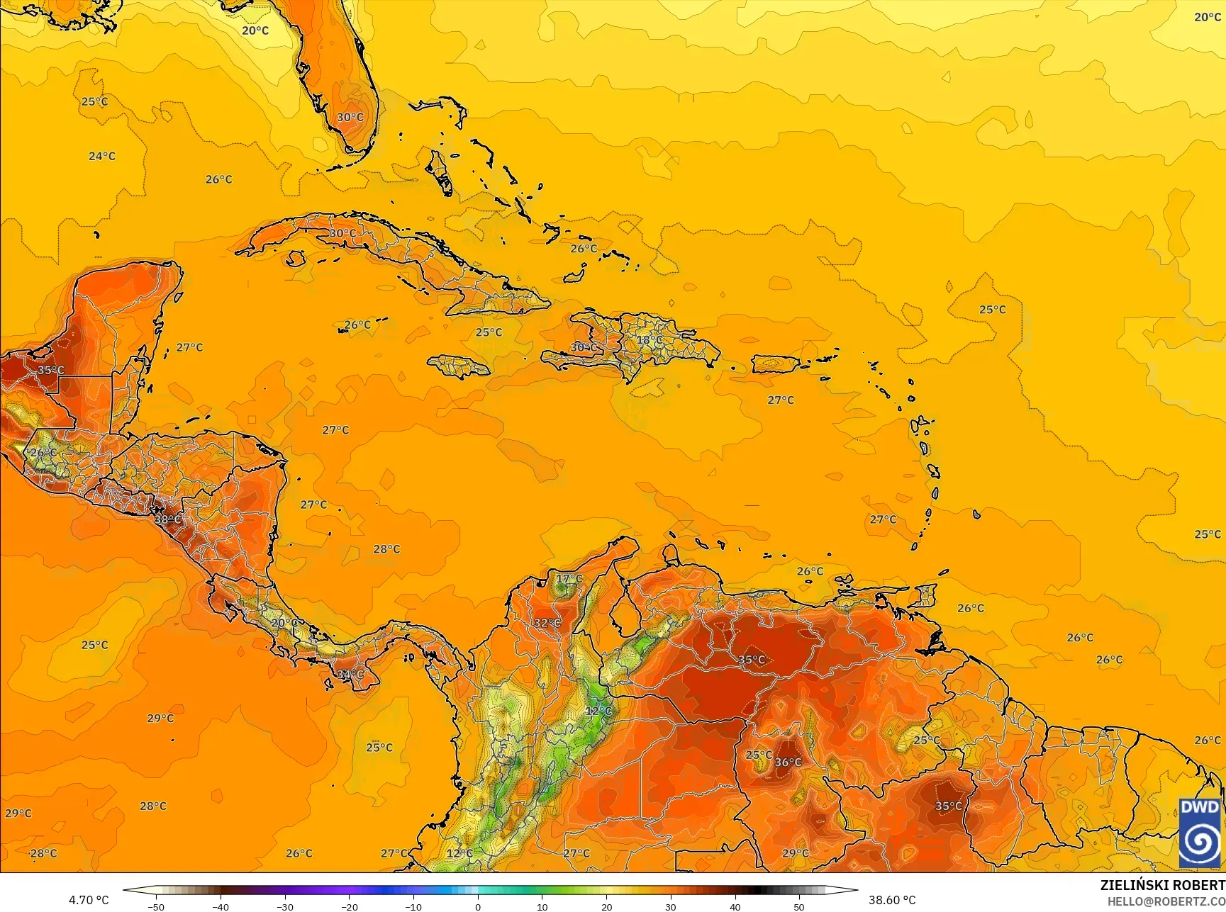 ICON model - Caribbean, Temperature at 2m