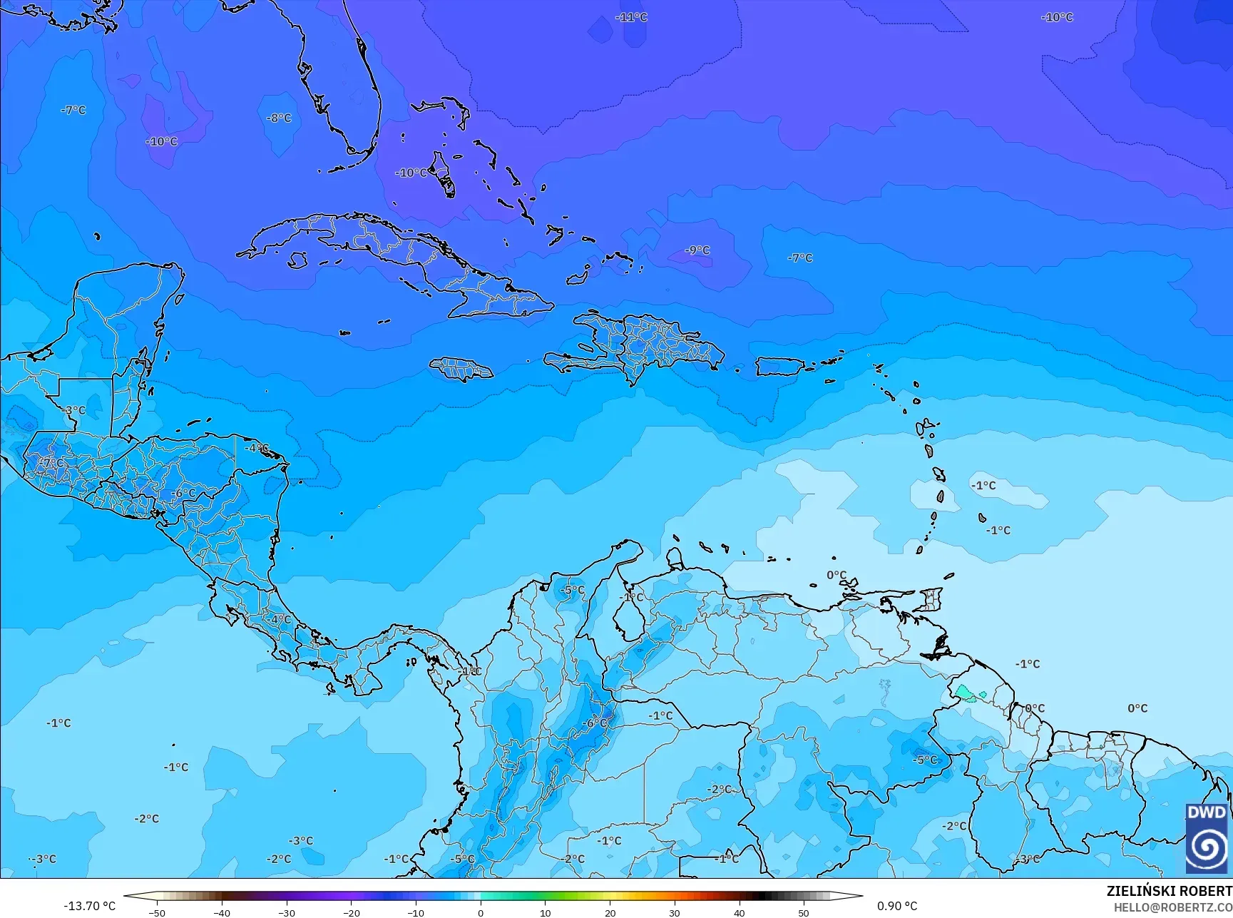 ICON model - Caribbean, Temperature at 500hPa