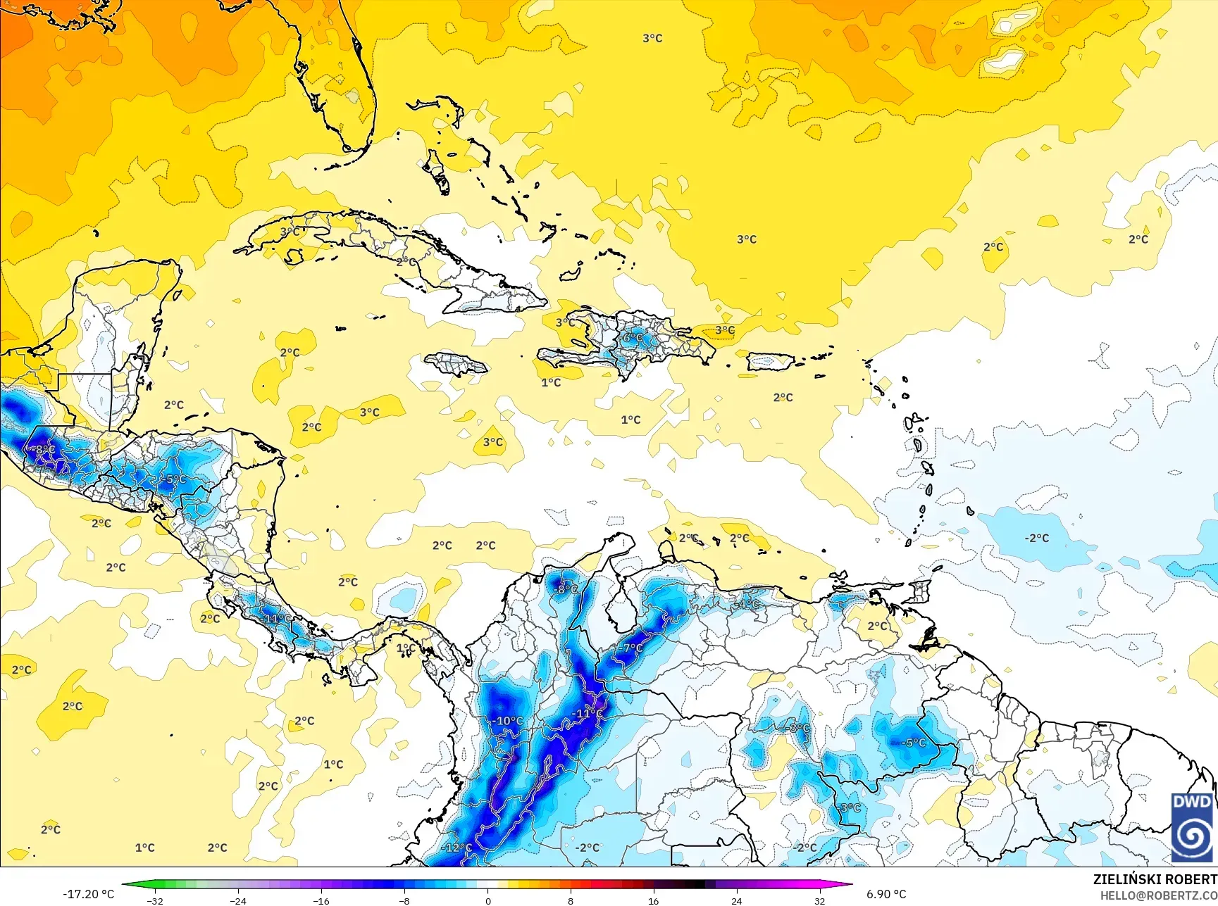 ICON model - Caribbean, Temperature at 850hPa Anomaly