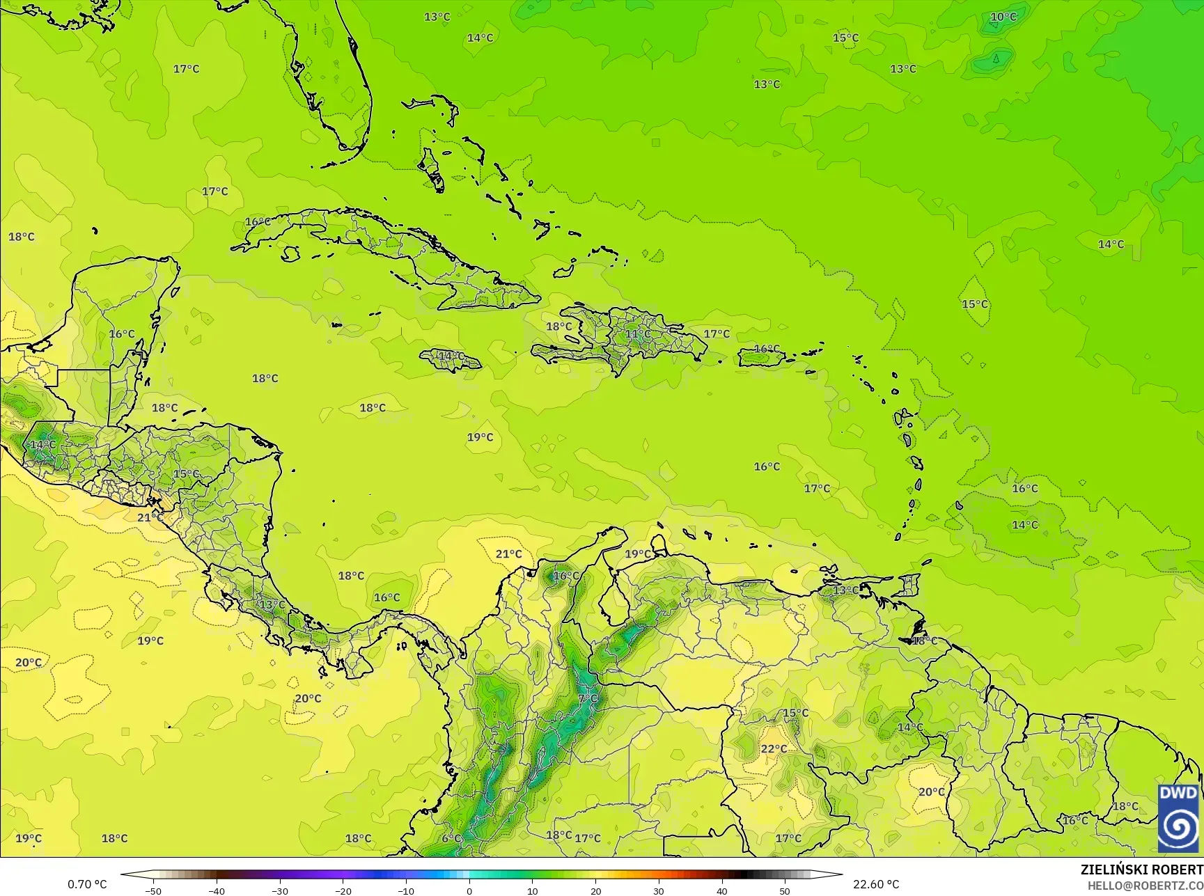 ICON model - Caribbean, Temperature at 850hPa