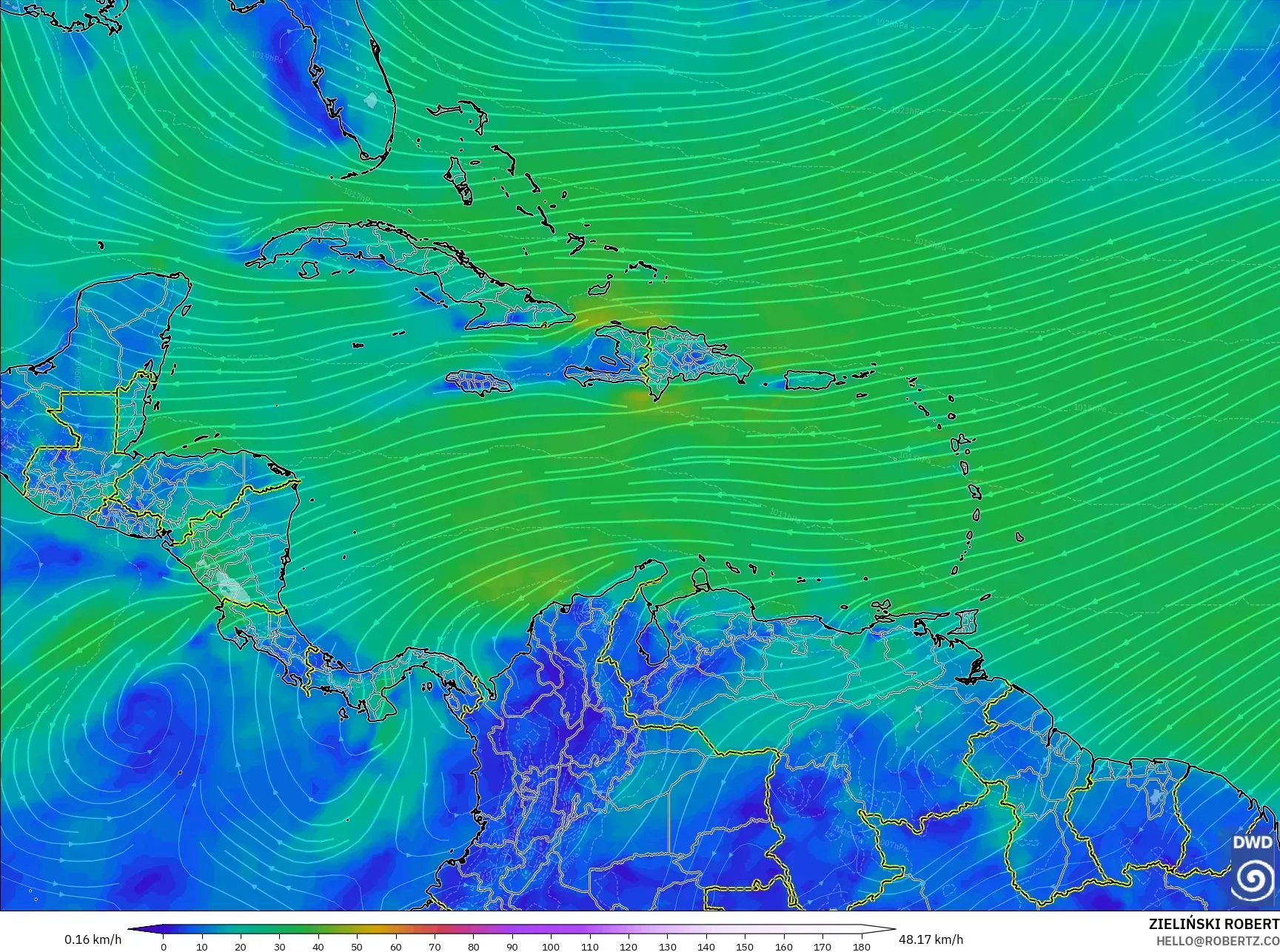 ICON model - Caribbean, Wind at 10m